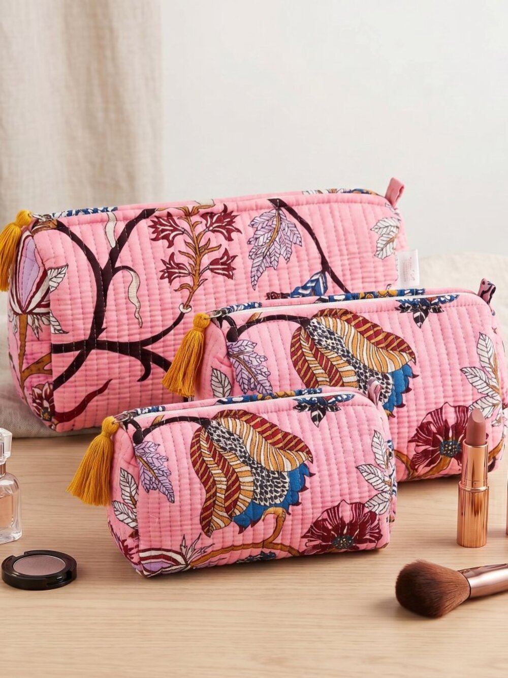 Set Of 3 Block Print Toiletry Bags, Cotton Makeup Bag, Cosmetic Bag Set Gift